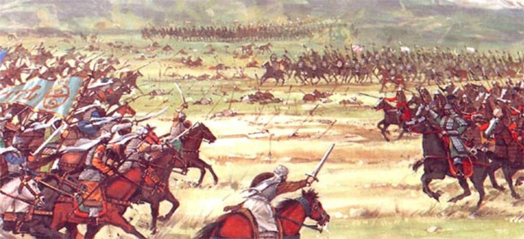 Bức tranh tái hiện bối cảnh một trận đánh của quân Mông Cổ.